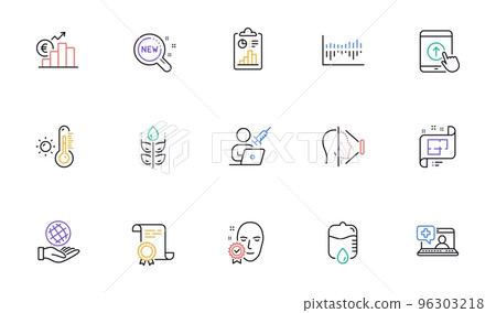 Column diagram, Vaccination appointment and Face verified line icons for website, printing. Collection of Certificate, Medical help, Report icons. Gluten free, Euro rate. Vector Column diagram, Vaccination appointment and Face verified line icons for website, printing. Collection of Certificate, Medical help, Report icons. Gluten free, Euro rate. Vector 96303218