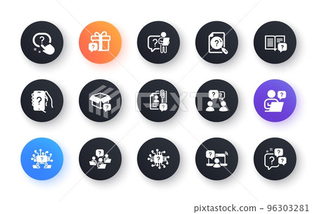 Questions icons. Artificial Intelligence computer, phone with Question mark, Problem solve. Quiz, faq guide, job interview icons. Ask person, question chat bubble. Circle web buttons. Vector 96303281