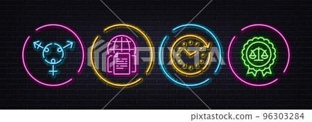Time change, Internet documents and Genders minimal line icons. Neon laser 3d lights. Justice scales icons. For web, application, printing. Clock, Web page, Inclusion. Judgement medal. Vector 96303284