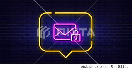 Neon light speech bubble. Secure Mail line icon. Private Message correspondence sign. E-mail symbol. Neon light background. Secure Mail glow line. Brick wall banner. Vector Neon light speech bubble. Secure Mail line icon. Private Message correspondence sign. E-mail symbol. Neon light background. Secure Mail glow line. Brick wall banner. Vector 96303302
