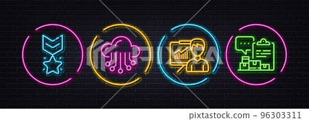 Cloud storage, Winner medal and Presentation minimal line icons. Neon laser 3d lights. Inventory report icons. For web, application, printing. Data service, Ranking star, Education board. Vector Cloud storage, Winner medal and Presentation minimal line icons. Neon laser 3d lights. Inventory report icons. For web, application, printing. Data service, Ranking star, Education board. Vector 96303311