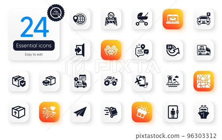 Set of Transportation flat icons. Online delivery, Lighthouse and Parcel insurance elements for web application. Exit, Paper plane, Tractor icons. Parking, Packing boxes. Vector Set of Transportation flat icons. Online delivery, Lighthouse and Parcel insurance elements for web application. Exit, Paper plane, Tractor icons. Parking, Packing boxes. Vector 96303312