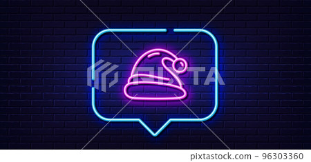 Neon light speech bubble. Santa hat line icon. Christmas or New year sign. Claus symbol. Neon light background. Santa hat glow line. Brick wall banner. Vector Neon light speech bubble. Santa hat line icon. Christmas or New year sign. Claus symbol. Neon light background. Santa hat glow line. Brick wall banner. Vector 96303360