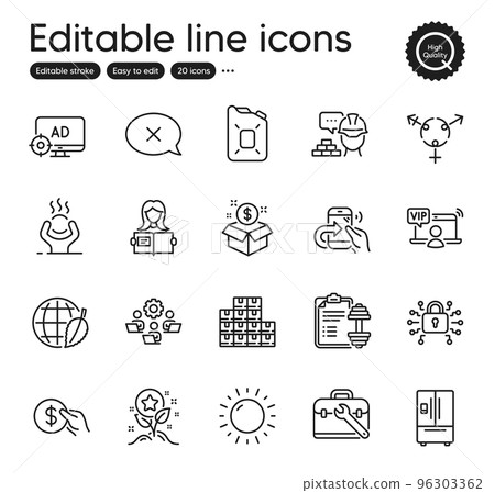Set of Business outline icons. Contains icons as Genders, Refrigerator and Payment elements. Build, Canister oil, Security lock web signs. Seo adblock, Tool case, Reject elements. Vector Set of Business outline icons. Contains icons as Genders, Refrigerator and Payment elements. Build, Canister oil, Security lock web signs. Seo adblock, Tool case, Reject elements. Vector 96303362
