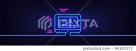Neon light glow effect. Online Video Education line icon. Computer with Online lecture sign. Web player symbol. 3d line neon glow icon. Brick wall banner. Online video outline. Vector Neon light glow effect. Online Video Education line icon. Computer with Online lecture sign. Web player symbol. 3d line neon glow icon. Brick wall banner. Online video outline. Vector 96303372
