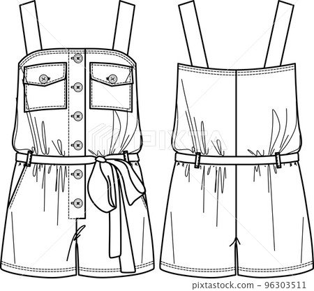 Vector woman strapless jumpsuit technical drawing, sleeveless jumpsuit with pockets and buttons fashion CAD, template, flat, sketch, mockup. Jersey or woven fabric jumpsuit, white color Vector woman strapless jumpsuit technical drawing, sleeveless jumpsuit with pockets and buttons fashion CAD, template, flat, sketch, mockup. Jersey or woven fabric jumpsuit, white color 96303511