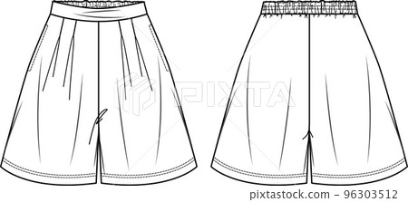 Fashion technical sketch of women shorts with pockets in vector graphic. Women bermuda with elasticized waist flat, sketch, fashion illustration. Jersey or woven fabric short, front, back view, white Fashion technical sketch of women shorts with pockets in vector graphic. Women bermuda with elasticized waist flat, sketch, fashion illustration. Jersey or woven fabric short, front, back view, white 96303512