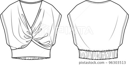 Vector sleeveless T-Shirt fashion CAD, woman V-neck summer crop top with knot detail technical drawing, template, sketch, flat. Jersey or woven fabric blouse with front, back view, white color Vector sleeveless T-Shirt fashion CAD, woman V-neck summer crop top with knot detail technical drawing, template, sketch, flat. Jersey or woven fabric blouse with front, back view, white color 96303513