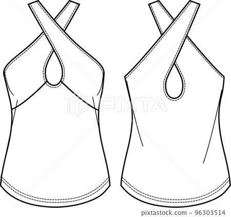Vector summer tank top fashion CAD, sleeveless woman slim fit top with loop detail technical drawing, sketch, template, flat. Jersey or woven fabric blouse with front, back view, white color Vector summer tank top fashion CAD, sleeveless woman slim fit top with loop detail technical drawing, sketch, template, flat. Jersey or woven fabric blouse with front, back view, white color 96303514