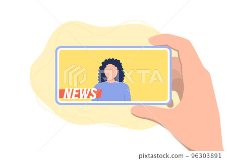 Watch news with your phone. The journalist tells the news. Press concept 96303891