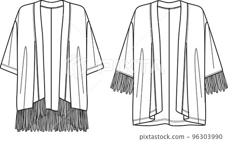 Vector long sleeved jacket with tassel trim fashion CAD, summer woman kimono with fringe technical drawing, template, flat, sketch. Jersey or woven fabric kimono with front, back view, white color Vector long sleeved jacket with tassel trim fashion CAD, summer woman kimono with fringe technical drawing, template, flat, sketch. Jersey or woven fabric kimono with front, back view, white color 96303990