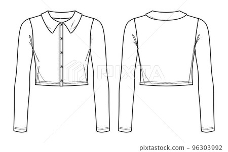 Vector woman cropped t-shirt fashion CAD, women long sleeved slim fit blouse sketch, women cardigan with collars technical drawing, sketch, flat. Jersey blouse with front, back view, white color Vector woman cropped t-shirt fashion CAD, women long sleeved slim fit blouse sketch, women cardigan with collars technical drawing, sketch, flat. Jersey blouse with front, back view, white color 96303992