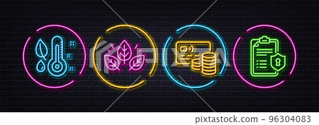 Card, Thermometer and Organic tested minimal line icons. Neon laser 3d lights. Privacy policy icons. For web, application, printing. Bank payment, Grow plant, Bio ingredients. Checklist. Vector Card, Thermometer and Organic tested minimal line icons. Neon laser 3d lights. Privacy policy icons. For web, application, printing. Bank payment, Grow plant, Bio ingredients. Checklist. Vector 96304083