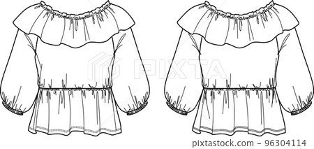 Vector blouse with balloon sleeves fashion CAD, woman wrapped top with frills and waistband technical drawing, sketch, template, flat. Jersey or woven fabric blouse with front, back view, white color Vector blouse with balloon sleeves fashion CAD, woman wrapped top with frills and waistband technical drawing, sketch, template, flat. Jersey or woven fabric blouse with front, back view, white color 96304114
