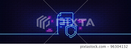 Neon light glow effect. Data security line icon. Privacy document sign. Defense shield symbol. 3d line neon glow icon. Brick wall banner. Data security outline. Vector 96304132
