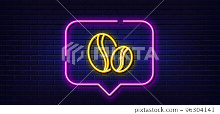 Neon light speech bubble. Coffee beans line icon. Hot drink sign. Whole bean beverage symbol. Neon light background. Coffee beans glow line. Brick wall banner. Vector 96304141