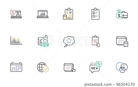 Report, World statistics and Salary line icons for website, printing. Collection of Account, Investment graph, Accounting icons. New, Clipboard, Checklist web elements. Treasure map. Vector 96304170