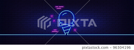 Neon light glow effect. Ice cream line icon. Vanilla sundae cone sign. Frozen summer dessert symbol. 3d line neon glow icon. Brick wall banner. Ice cream outline. Vector 96304196