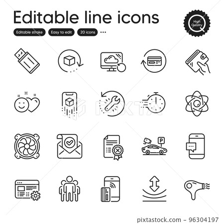 Set of Technology outline icons. Contains icons as Computer fan, Atom core and Usb flash elements. Wallet, Refund commission, Augmented reality web signs. Hair dryer, Reject certificate. Vector Set of Technology outline icons. Contains icons as Computer fan, Atom core and Usb flash elements. Wallet, Refund commission, Augmented reality web signs. Hair dryer, Reject certificate. Vector 96304197
