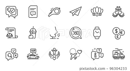 Outline set of Volunteer, Vip transfer and 360 degrees line icons for web application. Talk, information, delivery truck outline icon. Vector 96304233