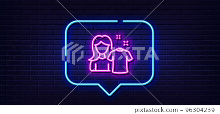 Neon light speech bubble. Clean shirt line icon. Laundry tshirt sign. Clothing cleaner symbol. Neon light background. Clean shirt glow line. Brick wall banner. Vector 96304239