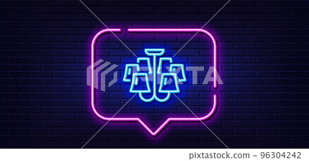 Neon light speech bubble. Chandelier line icon. Ceiling lamp sign. Interior illuminate light symbol. Neon light background. Chandelier glow line. Brick wall banner. Vector 96304242