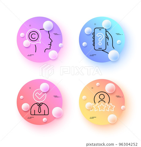 Help app, Vacancy and Writer minimal line icons. 3d spheres or balls buttons. Human rating icons. For web, application, printing. Smartphone question, Businessman concept, Copyrighter. Vector Help app, Vacancy and Writer minimal line icons. 3d spheres or balls buttons. Human rating icons. For web, application, printing. Smartphone question, Businessman concept, Copyrighter. Vector 96304252