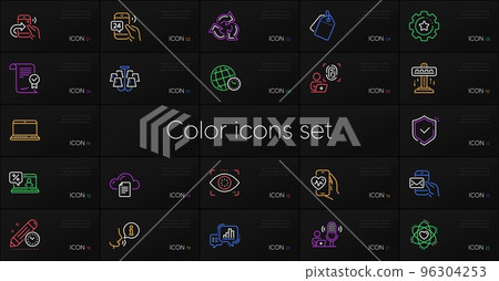 Set of Sale tags, Messenger mail and Cardio training line icons. Include Graph chart, Attraction, Computer fingerprint icons. Atom, Project deadline, Share call web elements. Online loan. Vector 96304253