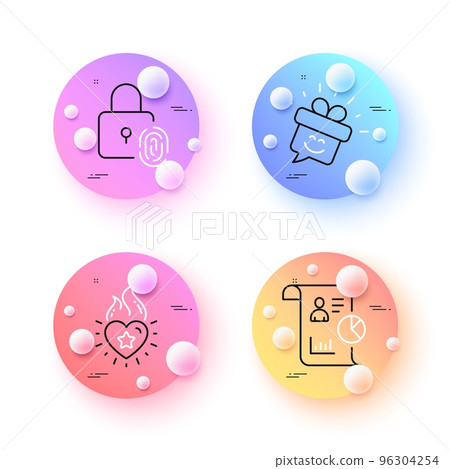 Fingerprint lock, Smile and Heart flame minimal line icons. 3d spheres or balls buttons. Report icons. For web, application, printing. Biometric access, Gift box, Love fire. Work statistics. Vector 96304254