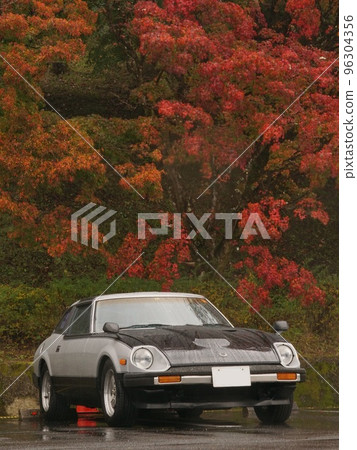 Autumn leaves wet with rain and Japanese classic sports car 96304356
