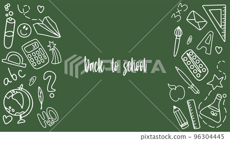 Doodle. Hand-drawn school supplies on a green background. Back to school. Vector illustration Doodle. Hand-drawn school supplies on a green background. Back to school. Vector illustration 96304445