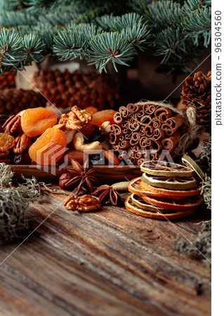 Christmas still-life with dried fruits and nuts. 96304560