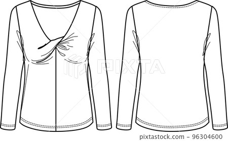 Vector long sleeved T-Shirt fashion CAD, woman V-neck winter top with knot detail technical drawing, template, sketch, flat. Jersey or woven fabric blouse with front, back view, white color 96304600