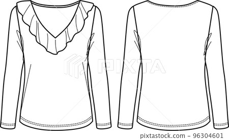 Vector long sleeved T-Shirt fashion CAD, woman V-neck winter top with volant detail technical drawing, template, sketch, flat. Jersey or woven fabric blouse with front, back view, white color 96304601