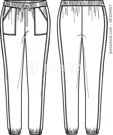 Vector jogger for woman technical drawing, woman pants with elasticized  waistband and pockets detail fashion CAD, template, sketch, flat. Woman trousers with front, back view, white color 96304607