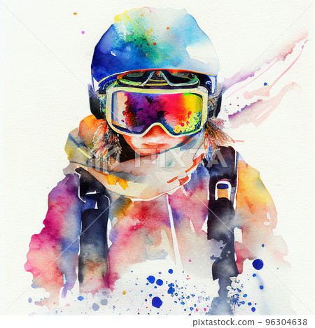 Jumping snowboarder. Watercolor illustration of a kid on a snowboard. Snowboarding 96304638