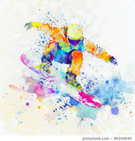 Jumping snowboarder. Watercolor illustration of a kid on a snowboard. Snowboarding 96304640