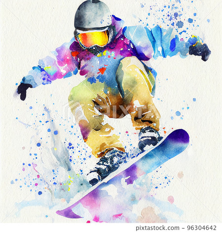 Jumping snowboarder. Watercolor illustration of a kid on a snowboard. Snowboarding Jumping snowboarder. Watercolor illustration of a kid on a snowboard. Snowboarding 96304642