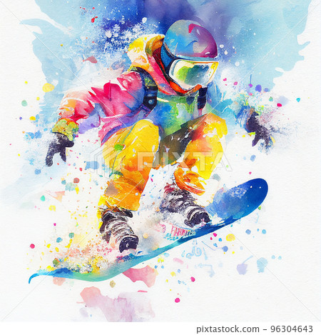 Jumping snowboarder. Watercolor illustration of a kid on a snowboard. Snowboarding Jumping snowboarder. Watercolor illustration of a kid on a snowboard. Snowboarding 96304643