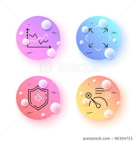 Maximize, Medical shield and No internet minimal line icons. 3d spheres or balls buttons. Diagram chart icons. For web, application, printing. Full screen, Medicine protection, Bandwidth meter. Vector 96304751