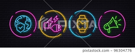 World insurance, Smartwatch and Electricity plug minimal line icons. Neon laser 3d lights. Megaphone icons. For web, application, printing. Internet protection, Digital time, Electric energy. Vector 96304776