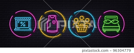 Buyers, Market and T-shirt minimal line icons. Neon laser 3d lights. Pillows icons. For web, application, printing. Shopping customers, Shop discounts, Sleeveless shirt. Night bed. Vector 96304779