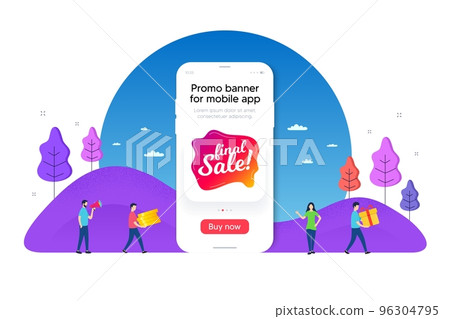 Final sale banner. Phone ui interface banner. Discount sticker shape. Coupon bubble icon. Mobile smartphone promo banner. Final sale tag. Man with gift box. Vector Final sale banner. Phone ui interface banner. Discount sticker shape. Coupon bubble icon. Mobile smartphone promo banner. Final sale tag. Man with gift box. Vector 96304795