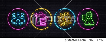 Fireworks explosion, Meeting and Shopping bags minimal line icons. Neon laser 3d lights. Warning icons. For web, application, printing. Vector Fireworks explosion, Meeting and Shopping bags minimal line icons. Neon laser 3d lights. Warning icons. For web, application, printing. Vector 96304797