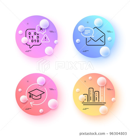 Binary code, Continuing education and Graph chart minimal line icons. 3d spheres or balls buttons. New mail icons. For web, application, printing. Vector Binary code, Continuing education and Graph chart minimal line icons. 3d spheres or balls buttons. New mail icons. For web, application, printing. Vector 96304803