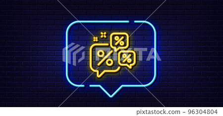 Neon light speech bubble. Discounts chat bubbles line icon. Sale offer sign. Promotion price symbol. Neon light background. Discounts chat glow line. Brick wall banner. Vector 96304804