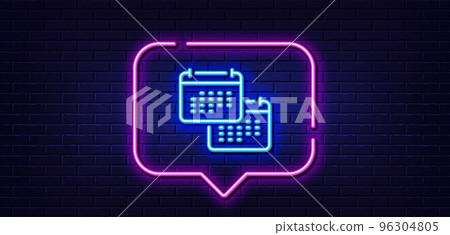 Neon light speech bubble. Calendar line icon. Annual planner sign. Change event schedule symbol. Neon light background. Calendar glow line. Brick wall banner. Vector 96304805