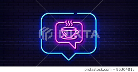 Neon light speech bubble. Hot coffee line icon. Tea drink sign. Cafe symbol. Neon light background. Coffee glow line. Brick wall banner. Vector 96304813