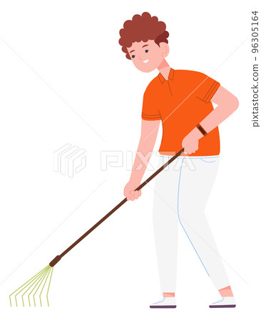 Boy gardening with leaf rake. Agricultural season work Boy gardening with leaf rake. Agricultural season work 96305164