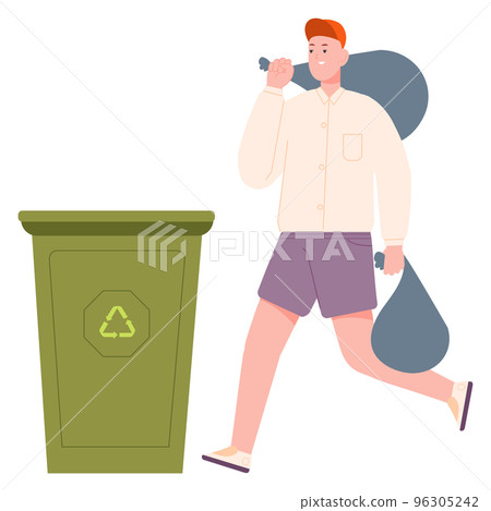 Young man throwing trash bags to garbage can 96305242